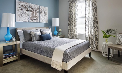 a bedroom with a bed and lamps