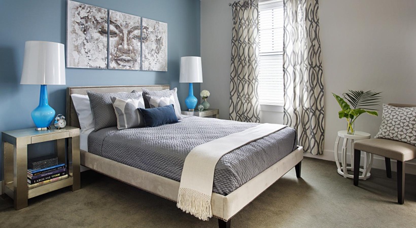 a bedroom with a bed and lamps